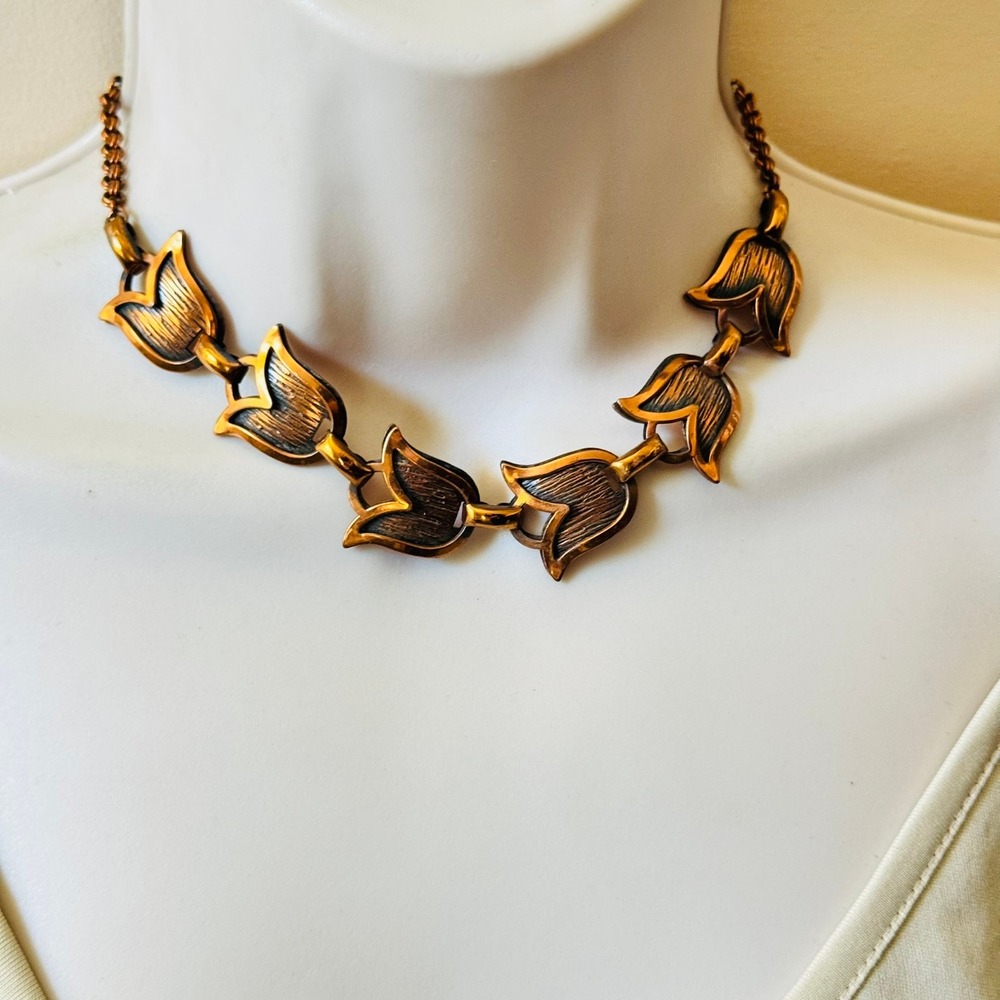 VTG Rebajes Link Tulip Necklace Statement Copper Modernist Retro MCM Choker 14"